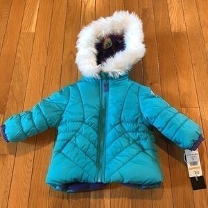 NWT Weathertamer Fur Hooded Turquoise Fleece Lined Puffer Jacket Girls 12 months